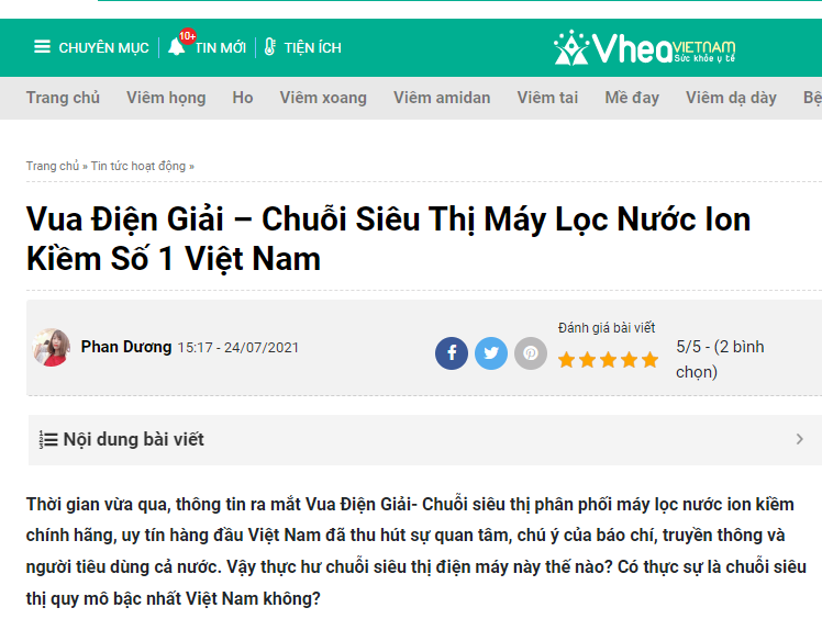 Chuyên trang sức khỏe y tế Vhea Việt Nam khẳng định độ uy tín của Vua Điện Giải